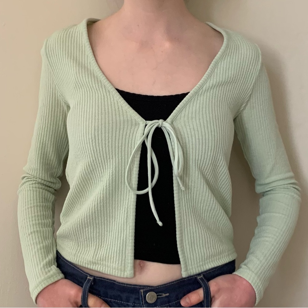 Ribbed Tie-Front Cardigan (mint green, size XS)